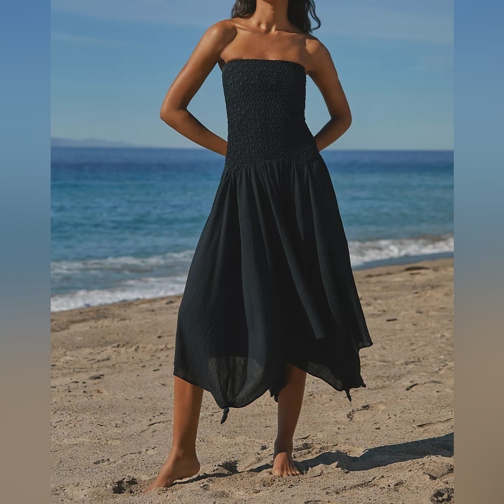 Anthropologie Strapless Smocked Cover-Up Dress Black Asymmetrical Tube Top XXS